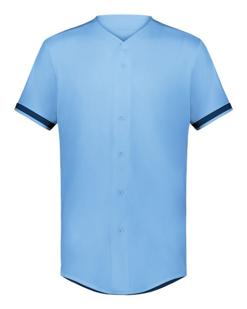 Unisex Full Button Baseball Jersey - Columbia Blue/ Navy Front