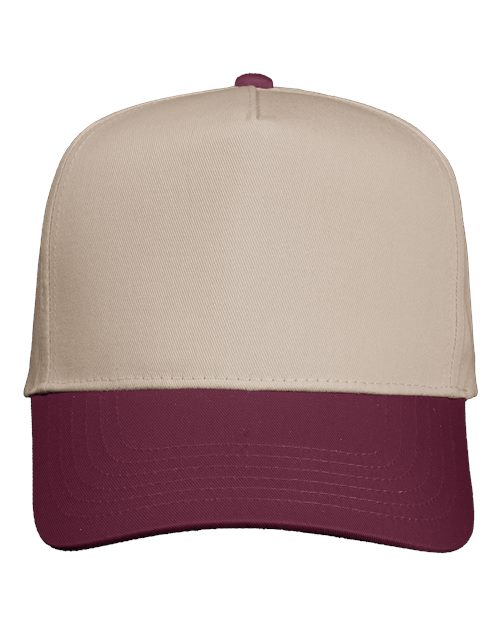 Five-Panel Twill Cap - Khaki/ Maroon Front