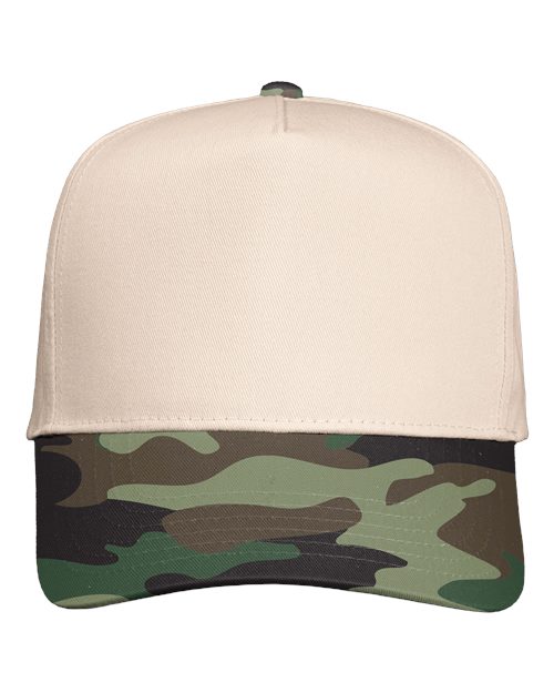 Five-Panel Twill Cap - Natural/ Camo Green Front