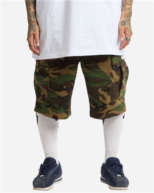Unisex Fleece Cargo Shorts - Camo Green Front