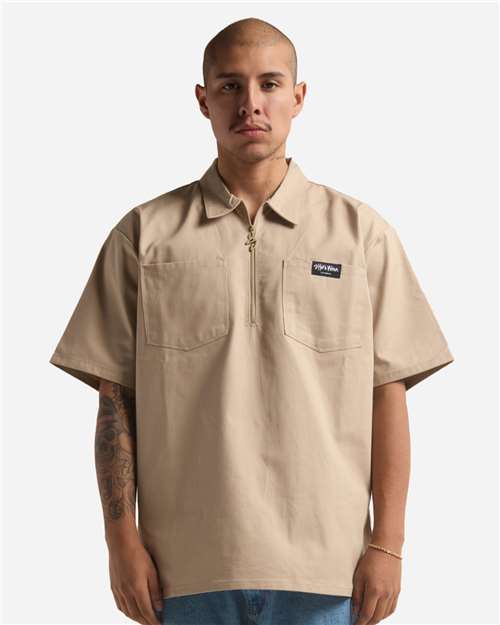 Unisex Work Heavyweight Quarter-Zip Short Sleeve Shirt - Khaki Front