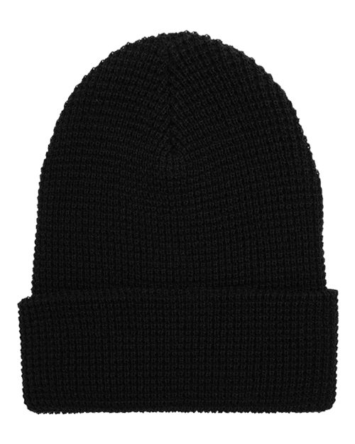 Waffle Cuffed Knit Beanie - Black Front