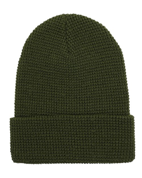 Waffle Cuffed Knit Beanie - Olive Front