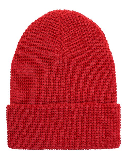 Waffle Cuffed Knit Beanie - Red Front