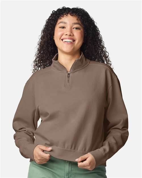 Women's Garment-Dyed Mid-Length Quarter-Zip Sweatshirt - Espresso Front