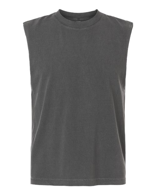 Unisex Heavyweight Cotton Garment-Dyed Mid-Length Muscle Tee - Faded Black Front
