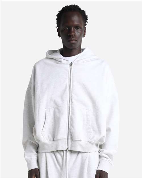 Unisex Garment-Dyed Cropped Full-Zip Hooded Sweatshirt - Heather White Front