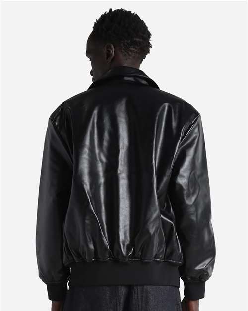 Unisex PU Leather Collared Varsity Jacket - Black Back