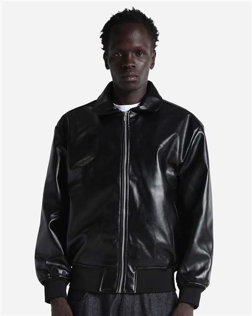 Unisex PU Leather Collared Varsity Jacket - Black Front