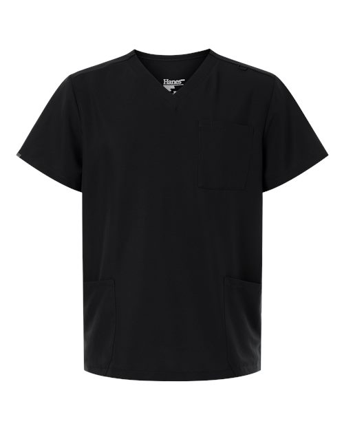 Hanes Men's V-Neck 3 Pocket Scrub Top - Black Front