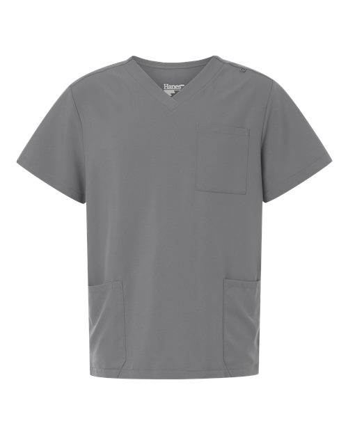 Hanes Men's V-Neck 3 Pocket Scrub Top - Grey Front