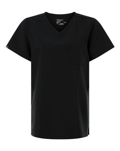 Hanes Women's V-Neck 1 Pocket Scrub Top - Black Front