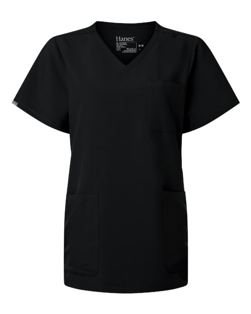 Hanes Women's V-Neck 3 Pocket Scrub Top - Black Front
