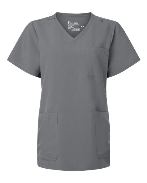Hanes Women's V-Neck 3 Pocket Scrub Top - Grey Front