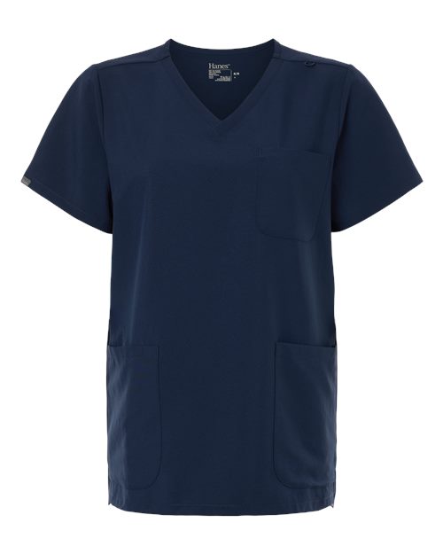 Hanes Women's V-Neck 3 Pocket Scrub Top - Navy Front