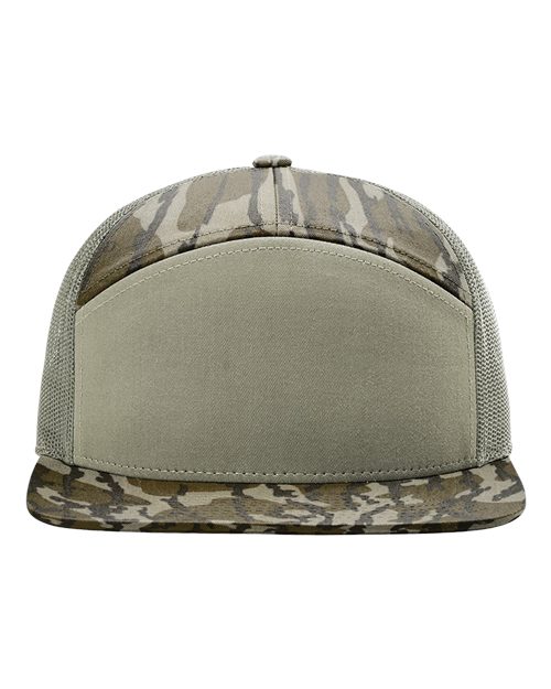 Printed Seven-Panel Trucker Cap - Mossy Oak Bottomland/ Loden Green Front