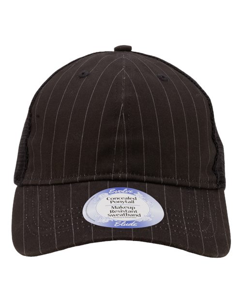 Infinity Her Women's Peached Twill Mesh Back Cap - Black Pinstripe/ Black Front