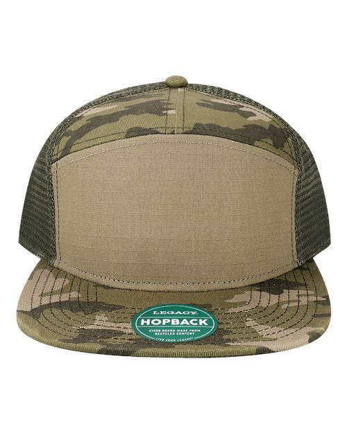 LEGACY Hopback Seven-Panel Trucker Cap - Light Olive Ripstop/ Army Camo Front