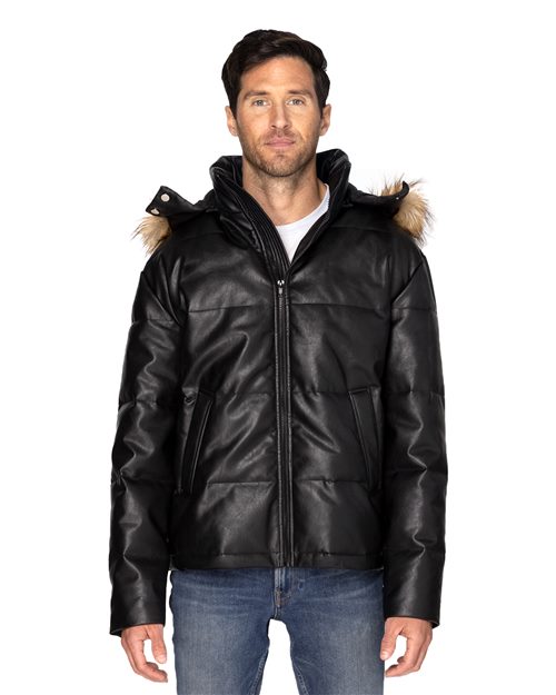 Unisex Vegan Leather Puffer Jacket - Black Vegan Leather Front