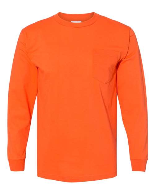 Unisex USA-Made Long Sleeve Pocket T-Shirt - Orange Front