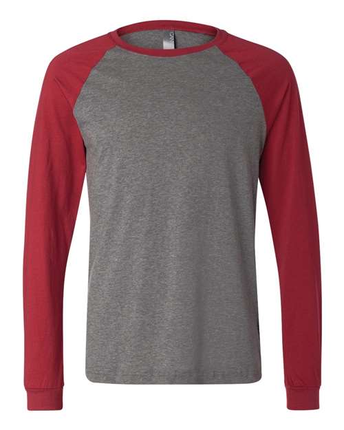 Men's Long Sleeve Jersey Baseball Tee - Deep Heather/ Cardinal Front