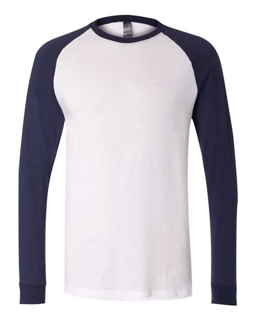 Men's Long Sleeve Jersey Baseball Tee - White/ Navy Front