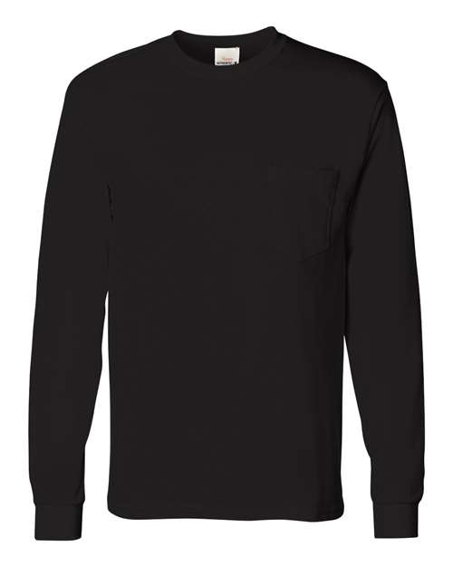 Hanes Unisex Authentic Long Sleeve Pocket T-Shirt - Black Front