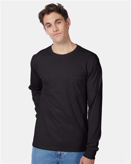 Hanes Unisex Authentic Long Sleeve Pocket T-Shirt - Model Front