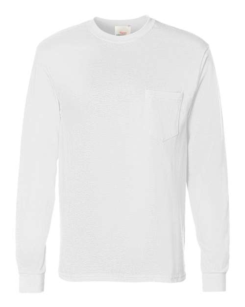 Hanes Unisex Authentic Long Sleeve Pocket T-Shirt - White Front