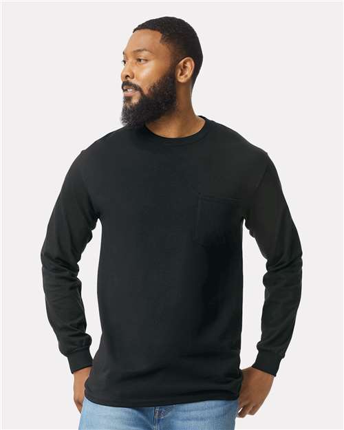 Gildan Unisex Ultra Cotton® Long Sleeve Pocket T-Shirt - Model Front