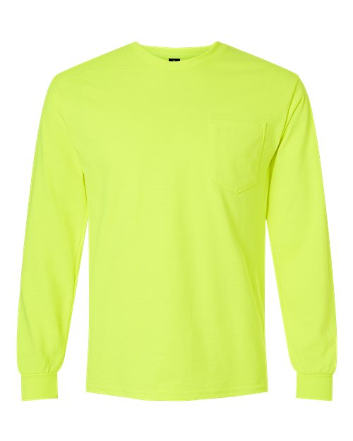 Gildan Unisex Ultra Cotton® Long Sleeve Pocket T-Shirt - Safety Green Front