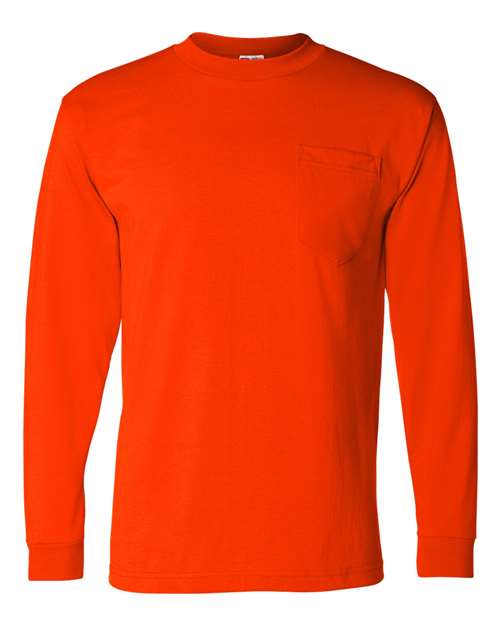 Unisex USA-Made 50/50 Long Sleeve Pocket T-Shirt - Safety Orange Front