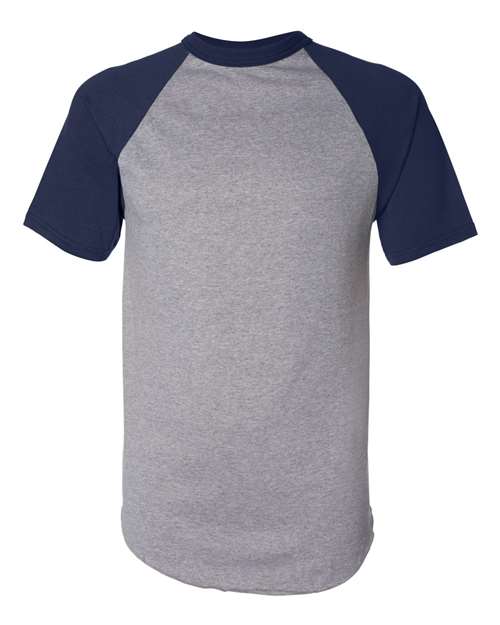 Unisex Raglan Baseball Jersey - Athletic Heather/ Navy Front