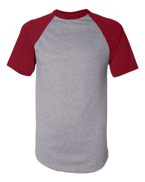 Unisex Raglan Baseball Jersey - Athletic Heather/ Red Front