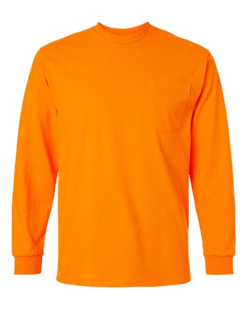 Gildan Unisex Ultra Cotton® Long Sleeve Pocket T-Shirt - Safety Orange Front