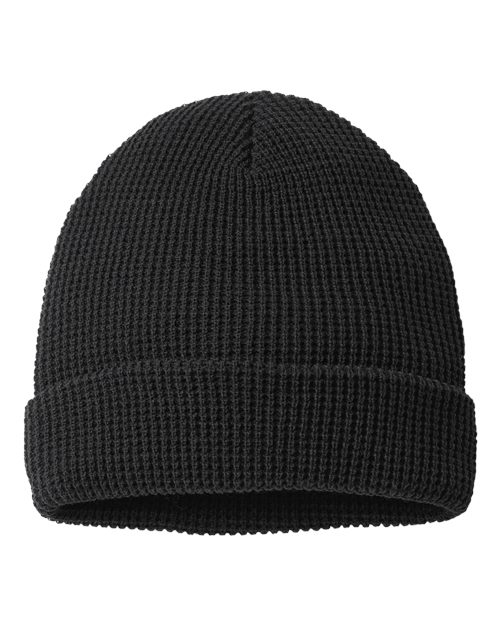 Waffle Cuffed Beanie - Black Front
