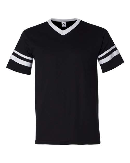 V-Neck Jersey with Striped Sleeves - Black/ White Front
