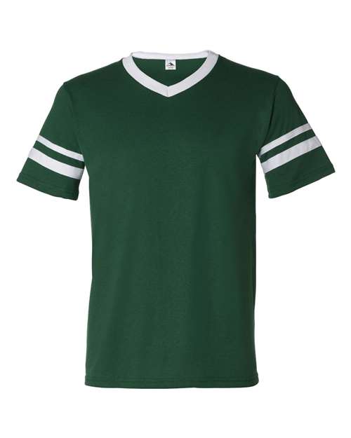 V-Neck Jersey with Striped Sleeves - Dark Green/ White Front