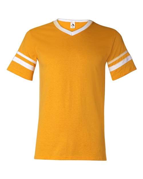 V-Neck Jersey with Striped Sleeves - Gold/ White Front