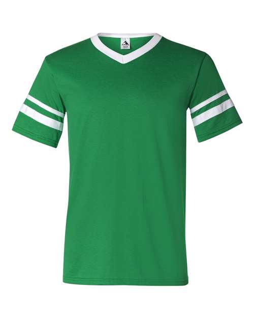 V-Neck Jersey with Striped Sleeves - Kelly/ White Front