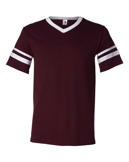 V-Neck Jersey with Striped Sleeves - Maroon/ White Front