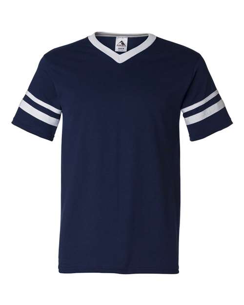 V-Neck Jersey with Striped Sleeves - Navy/ White Front