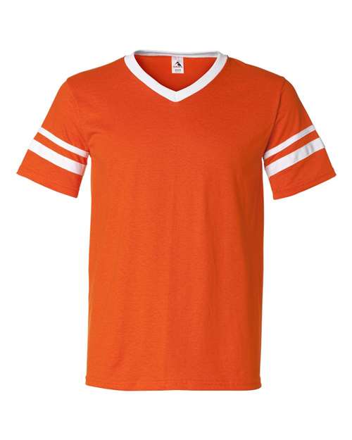 V-Neck Jersey with Striped Sleeves - Orange/ White Front