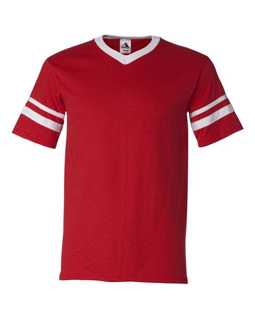 V-Neck Jersey with Striped Sleeves - Red/ White Front
