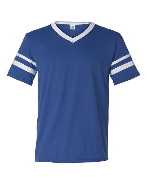 V-Neck Jersey with Striped Sleeves - Royal/ White Front