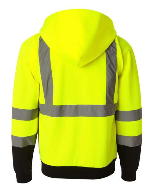 Unisex Hi-Vis Full-Zip Hooded Sweatshirt - Lime Back