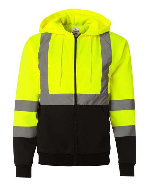 Unisex Hi-Vis Full-Zip Hooded Sweatshirt - Lime Front