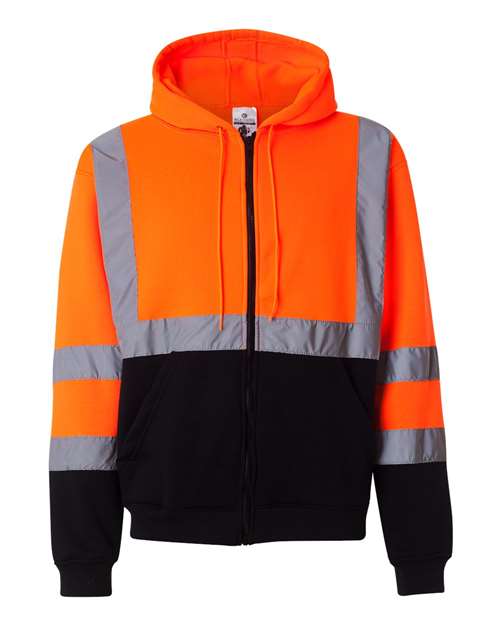 Unisex Hi-Vis Full-Zip Hooded Sweatshirt - Orange Front