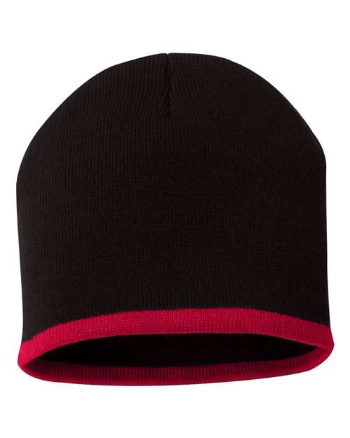 8" Bottom-Striped Beanie - Black/ Red Back