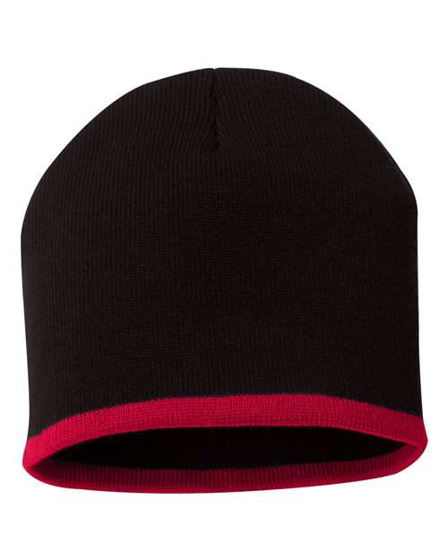 8" Bottom-Striped Beanie - Black/ Red Front